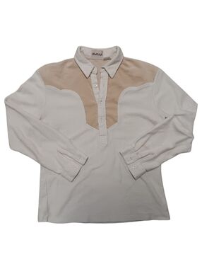 80s Joshua Western Yoke Long Sleeve - Cream & Tan Terry Cloth Material - L